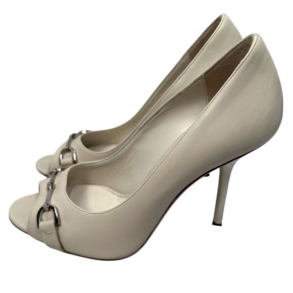 Gucci Peep Toe Horsebit Stiletto Heel Pump Shoes Women 36.5 Beige Leather 247518 - Picture 4 of 10